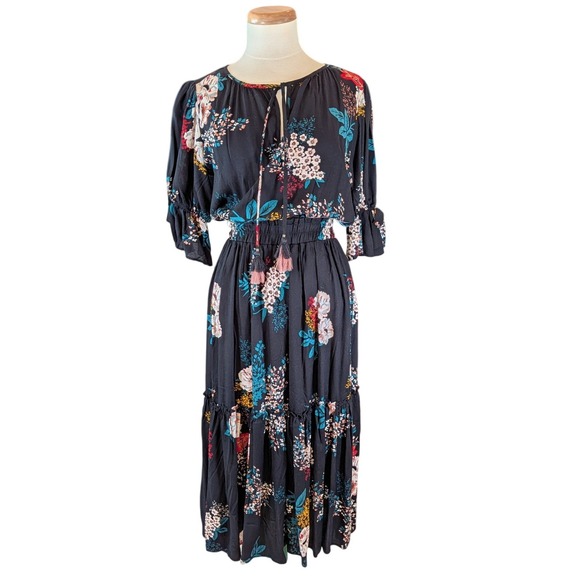 lovestitch Dresses & Skirts - Lovestitch Floral Prairie Midi Dress Black Tassel Tie Boho Cottagecore Small
